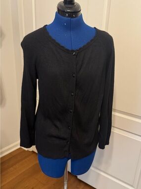 LOFT Black Scalloped-Edge Button Cardigan